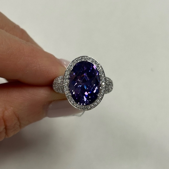 Suzy Levian Sterling Silver Purple Cubic Zirconia Checkered Cut Ring - Picture 1 of 9